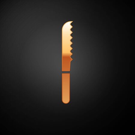 Gold Bread knife icon isolated on black background. Cutlery symbol. Vector Illustrationのイラスト素材