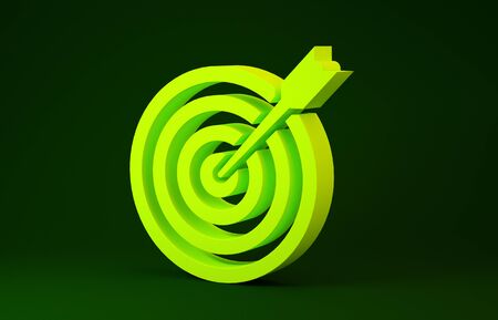 Yellow Target with arrow icon isolated on green background. Dart board sign. Archery board icon. Dartboard sign. Business goal concept. Minimalism concept. 3d illustration 3D renderの写真素材