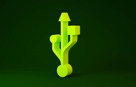 Yellow USB symbol icon isolated on green background. Minimalism concept. 3d illustration 3D renderの写真素材