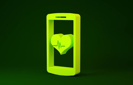 Yellow Smartphone with heart rate monitor function icon isolated on green background. Minimalism concept. 3d illustration 3D renderの写真素材