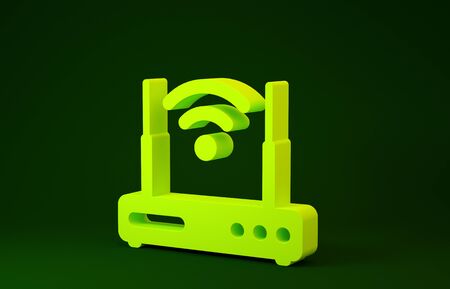 Yellow Router and wifi signal symbol icon isolated on green background. Wireless  modem router. Computer technology internet. Minimalism concept. 3d illustration 3D renderの写真素材