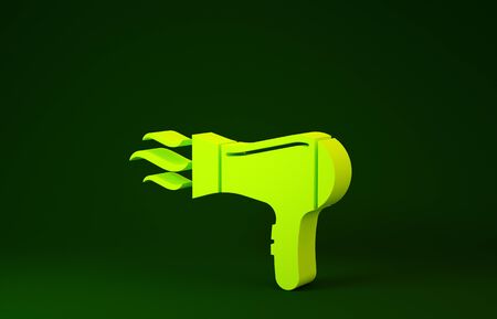 Yellow Hair dryer icon isolated on green background. Hairdryer sign. Hair drying symbol. Blowing hot air. Minimalism concept. 3d illustration 3D renderの写真素材