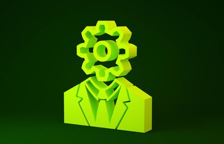 Yellow Human head with gear inside icon isolated on green background. Artificial intelligence. Thinking brain sign. Symbol work of brain. Minimalism concept. 3d illustration 3D renderの写真素材