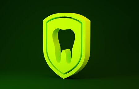 Yellow Dental protection icon isolated on green background. Tooth on shield logo icon. Minimalism concept. 3d illustration 3D renderの写真素材
