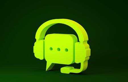 Yellow Headphones with speech bubble icon isolated on green background. Support customer services, hotline, call center, guideline, maintenance. Minimalism concept. 3d illustration 3D renderの写真素材
