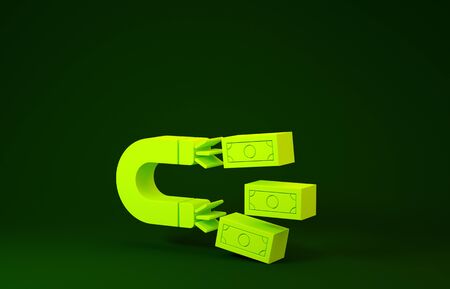 Yellow Magnet with money icon isolated on green background. Concept of attracting investments, money. Big business profit attraction and success. Minimalism concept. 3d illustration 3D renderの写真素材