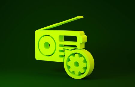 Yellow Radio with antenna and gear icon isolated on green background. Adjusting app, service concept, setting options, maintenance, repair, fixing. Minimalism concept. 3d illustration 3D renderの写真素材