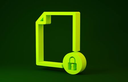 Yellow Document and lock icon isolated on green background. File format and padlock. Security, safety, protection concept. Minimalism concept. 3d illustration 3D renderの写真素材