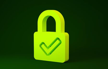 Yellow Open padlock and check mark icon isolated on green background. Cyber security concept. Digital data protection. Safety safety. Minimalism concept. 3d illustration 3D renderの写真素材