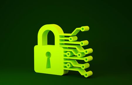 Yellow Cyber security icon isolated on green background. Closed padlock on digital circuit board. Safety concept. Digital data protection. Minimalism concept. 3d illustration 3D renderの写真素材