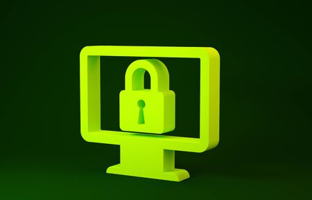 Yellow Lock on computer monitor screen icon isolated on green background. Monitor and padlock. Security, safety, protection concept. Safe internetwork. Minimalism concept. 3d illustration 3D renderの写真素材