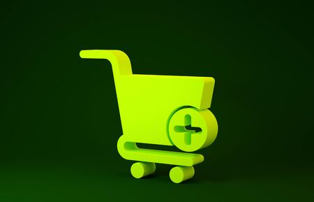 Yellow Add to Shopping cart icon isolated on green background. Online buying concept. Delivery service sign. Supermarket basket symbol. Minimalism concept. 3d illustration 3D renderの写真素材