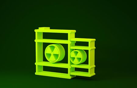 Yellow Radioactive waste in barrel icon isolated on green background. Toxic refuse keg. Radioactive garbage emissions, environmental pollution. Minimalism concept. 3d illustration 3D renderの写真素材