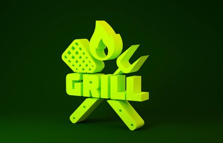 Yellow Crossed fork and spatula icon isolated on green background. Fire flame sign. BBQ fork and spatula sign. Barbecue and grill tools. Minimalism concept. 3d illustration 3D renderの写真素材