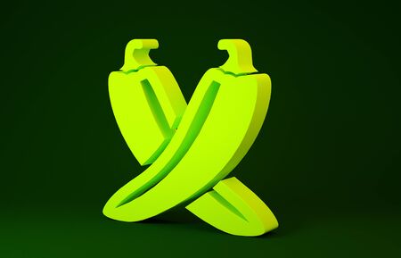 Yellow Crossed hot chili pepper pod icon isolated on green background. Design for grocery, culinary products, seasoning and spice package. Minimalism concept. 3d illustration 3D renderの写真素材