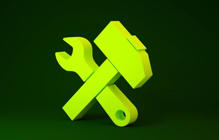 Yellow Crossed hammer and wrench icon isolated on green background. Hardware tools. Minimalism concept. 3d illustration 3D renderの写真素材