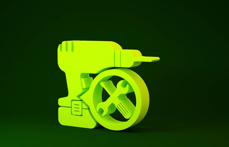 Yellow Drill machine with screwdriver and wrench icon isolated on green background. Adjusting, service, setting, maintenance, repair, fixing. Minimalism concept. 3d illustration 3D renderの写真素材