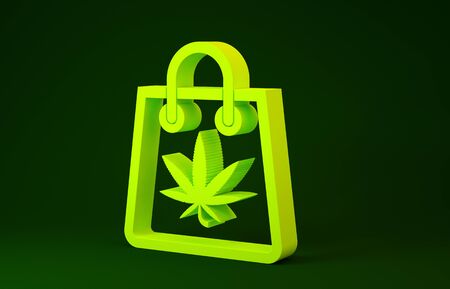 Yellow Shopping paper bag of medical marijuana or cannabis leaf icon isolated on green background. Buying cannabis. Hemp symbol. Minimalism concept. 3d illustration 3D renderの写真素材