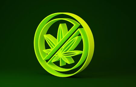 Yellow Stop marijuana or cannabis leaf icon isolated on green background. No smoking marijuana. Hemp symbol. Minimalism concept. 3d illustration 3D renderの写真素材