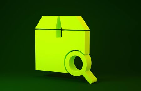 Yellow Search package icon isolated on green background. Parcel tracking symbol. Magnifying glass and cardboard box. Logistic and delivery. Minimalism concept. 3d illustration 3D renderの写真素材