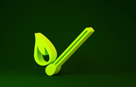 Yellow Burning match with fire icon isolated on green background. Match with fire. Matches sign. Minimalism concept. 3d illustration 3D renderの写真素材