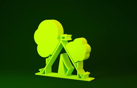 Yellow Tourist tent with flag icon isolated on green background. Camping symbol. Minimalism concept. 3d illustration 3D renderの写真素材