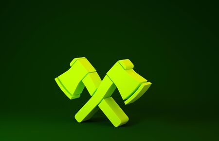 Yellow Crossed wooden axe icon isolated on green background. Lumberjack axe. Minimalism concept. 3d illustration 3D renderの写真素材