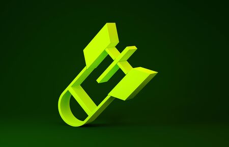 Yellow Aviation bomb icon isolated on green background. Rocket bomb flies down. Minimalism concept. 3d illustration 3D renderの写真素材