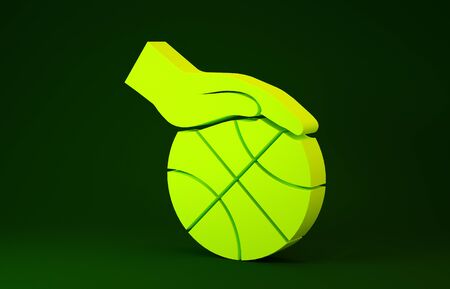 Yellow Hand with basketball ball icon isolated on green background. Sport symbol. Minimalism concept. 3d illustration 3D renderの写真素材