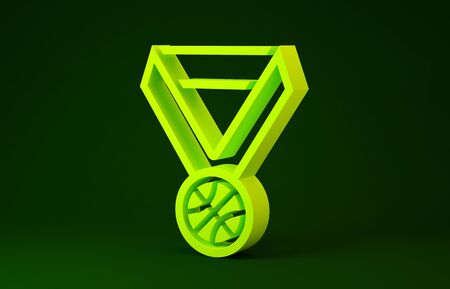 Yellow Basketball medal with ribbon icon isolated on green background. Minimalism concept. 3d illustration 3D renderの写真素材