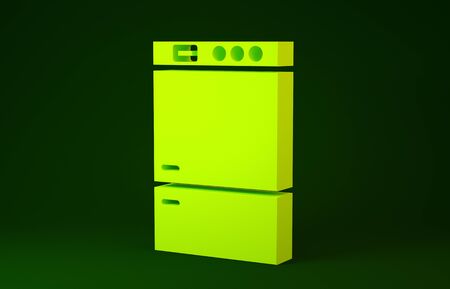 Yellow Refrigerator icon isolated on green background. Fridge freezer refrigerator. Household tech and appliances. Minimalism concept. 3d illustration 3D renderの写真素材