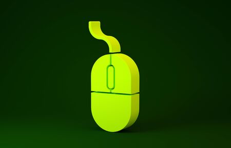 Yellow Computer mouse icon isolated on green background. Optical with wheel symbol. Minimalism concept. 3d illustration 3D renderの写真素材