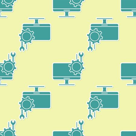 Green Computer monitor with screwdriver and wrench icon isolated seamless pattern on yellow background. Adjusting, service, setting, maintenance, repair. Vector Illustrationのイラスト素材