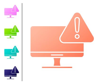 Coral Computer monitor with exclamation mark icon isolated on white background. Alert message smartphone notification. Set color icons. Vector Illustrationのイラスト素材