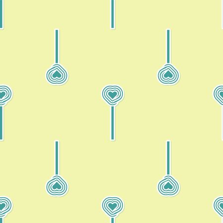 Green Lollipop icon isolated seamless pattern on yellow background. Candy sign. Food, delicious symbol. Valentines day. Love symbol. Vector Illustrationのイラスト素材