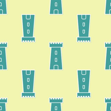 Green Castle tower icon isolated seamless pattern on yellow background. Fortress sign. Vector Illustrationのイラスト素材