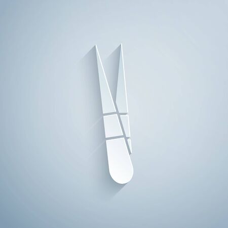 Paper cut Eyebrow tweezers icon isolated on grey background. Cosmetic tweezers for ingrown hair. Paper art style. Vector Illustrationのイラスト素材