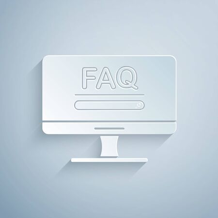 Paper cut Computer monitor with text FAQ information icon isolated on grey background. Frequently asked questions. Paper art style. Vector Illustrationのイラスト素材