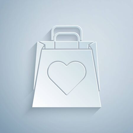 Paper cut Shopping bag with heart icon isolated on grey background. Shopping bag shop love like heart icon. Valentines day symbol. Paper art style. Vector Illustrationのイラスト素材