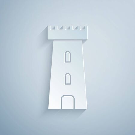 Paper cut Castle tower icon isolated on grey background. Fortress sign. Paper art style. Vector Illustrationのイラスト素材