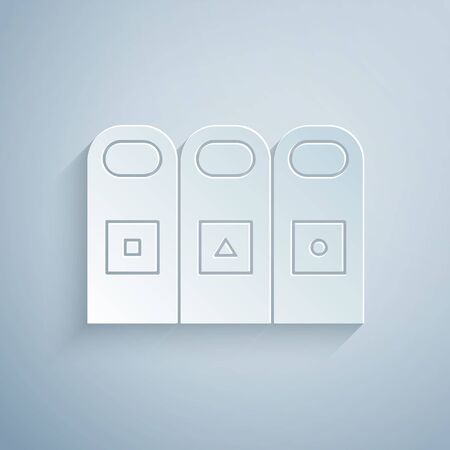 Paper cut Trash in garbage cans with sorted garbage icon isolated on grey background. Recycle basket icon. Paper art style. Vector Illustrationのイラスト素材