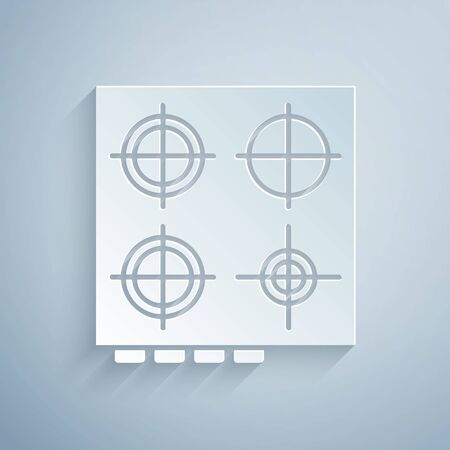 Paper cut Gas stove icon isolated on grey background. Cooktop sign. Hob with four circle burners. Paper art style. Vector Illustrationのイラスト素材