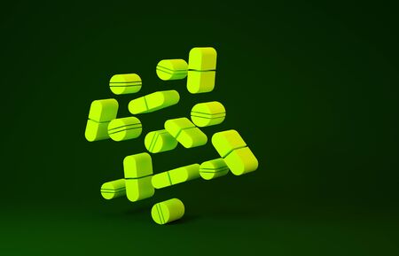 Yellow Medicine pill or tablet icon isolated on green background. Capsule pill and drug sign. Pharmacy design. Minimalism concept. 3d illustration 3D renderの写真素材