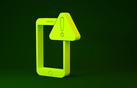 Yellow Mobile phone with exclamation mark icon isolated on green background. Alert message smartphone notification. Minimalism concept. 3d illustration 3D renderの写真素材
