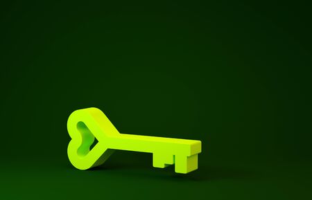 Yellow Key in heart shape icon isolated on green background. Valentines day symbol. Minimalism concept. 3d illustration 3D renderの写真素材