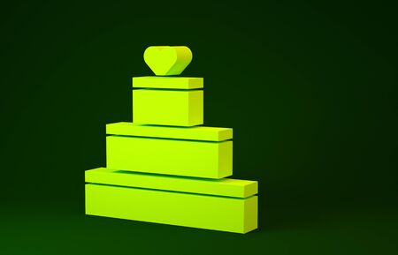 Yellow Wedding cake with heart icon isolated on green background. Valentines day symbol. Minimalism concept. 3d illustration 3D renderの写真素材