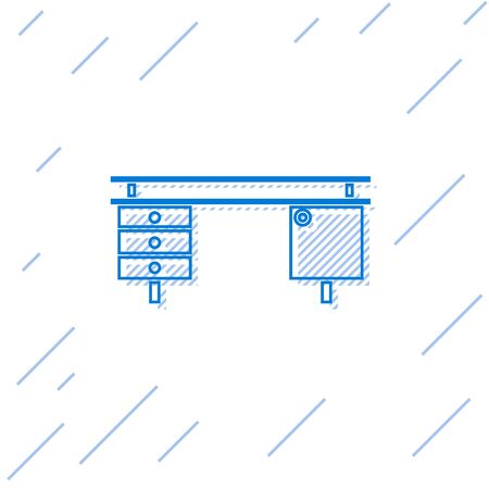 Blue line Office desk icon isolated on white background.  Vector Illustrationのイラスト素材