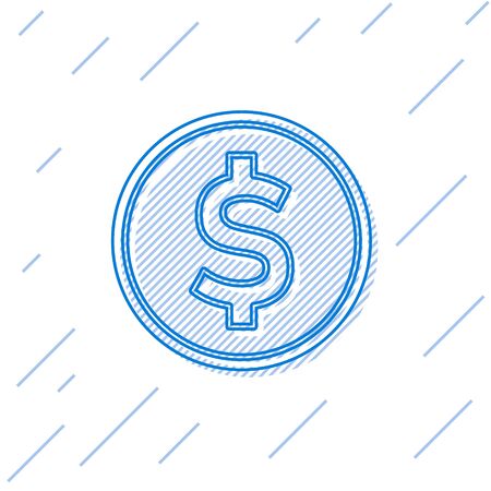 Blue line Coin money with dollar symbol icon isolated on white background. Banking currency sign. Cash symbol.  Vector Illustrationのイラスト素材