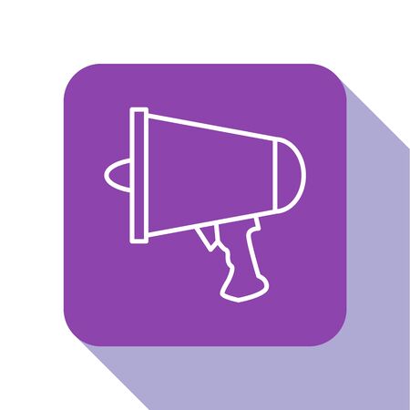 White line Spread the word, megaphone icon isolated on white background. Purple square button. Vector Illustrationのイラスト素材