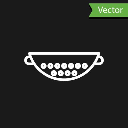 White line Kitchen colander icon isolated on black background. Cooking utensil. Cutlery sign. Vector Illustrationのイラスト素材